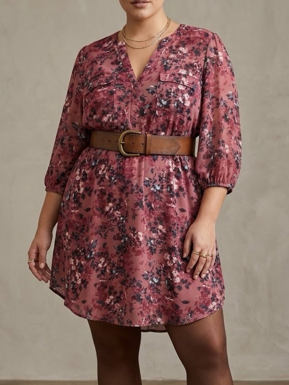 Torrid Pink Floral Georgette V-Neck‎ Tunic Dress 3/4 Sleeve Plus Size 3 3X